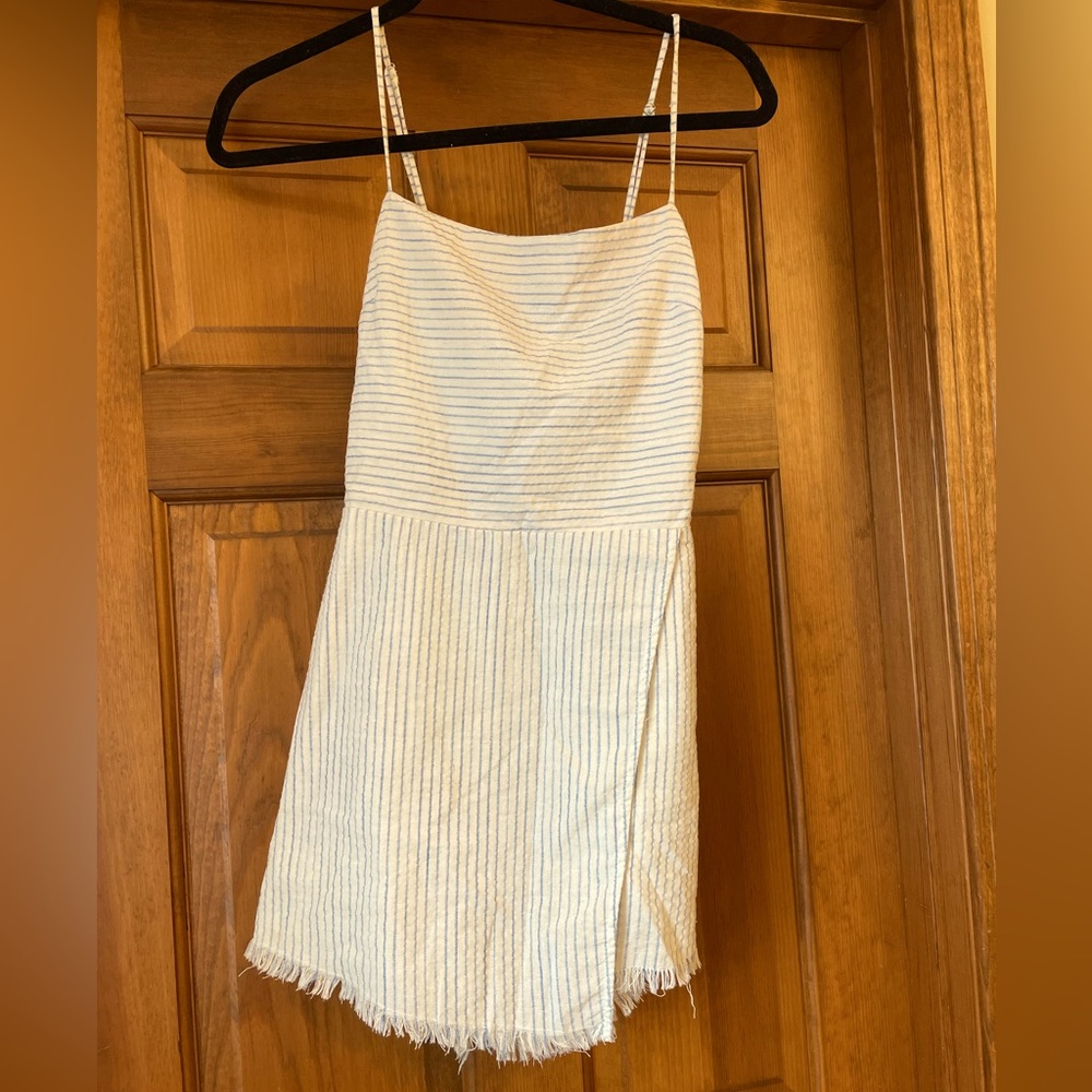 M white with blue pin stripe romper